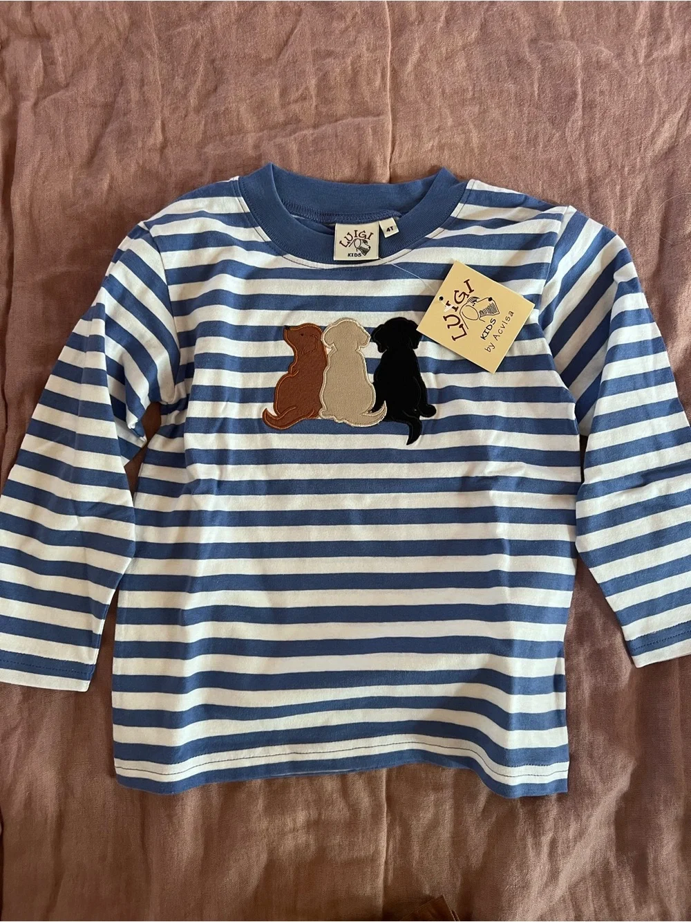 Boutique Blue & White Striped Tee with Puppy Appliqué and Brown Corduroy Pants